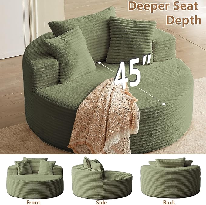 Oversized Round Chair Lounge Chaise Indoor, Upholstered Corduroy Deep Seat Cloud Large Circle Sofa Chair, No Assembly Required, Fluffy Modern Sleeper Sofa Bed for Reading, Living Room, Bedroom, Green