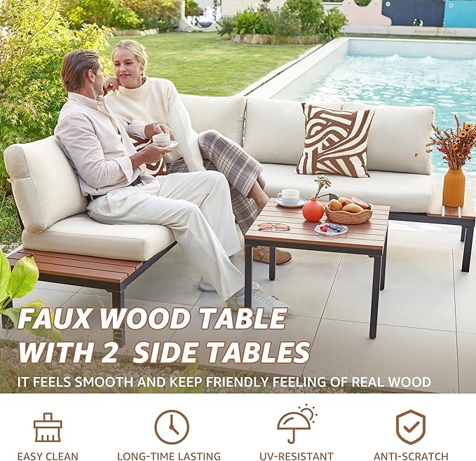 NATURAL EXPRESSIONS Outdoor Furniture Set, L Shape Patio Sectional, Metal Corner Couch Sofa Set with Side Tables, Detachable Backrest, Fauxwood Coffee Table, Beige Olefin Cushions for Garden Deck