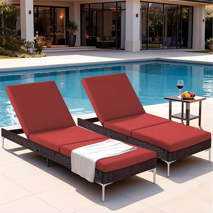 HOMREST Outdoor Lounge Chairs Set of 2, Patio Wicker Chaise Lounge with Removable Cushion, Rattan Pool Sunbathing Recliners with Adjustable Backrest (Burgundy)