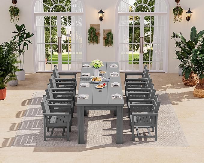 SERWALL Patio Dining Sets for 8, Outdoor Dining Sets for 8 Person with 2 Umbrella Hole Cut-Out Rectangular Tables and 8 Chairs, HDPE Dining Sets for Garden, Backyard, Poolside, Gray