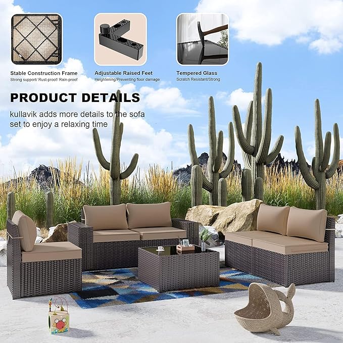 Kullavik 13PCS Outdoor Patio Furniture Set with 43" 55000BTU Gas Propane Fire Pit Table PE Wicker Rattan Sectional Sofa Patio Conversation Sets,Sand