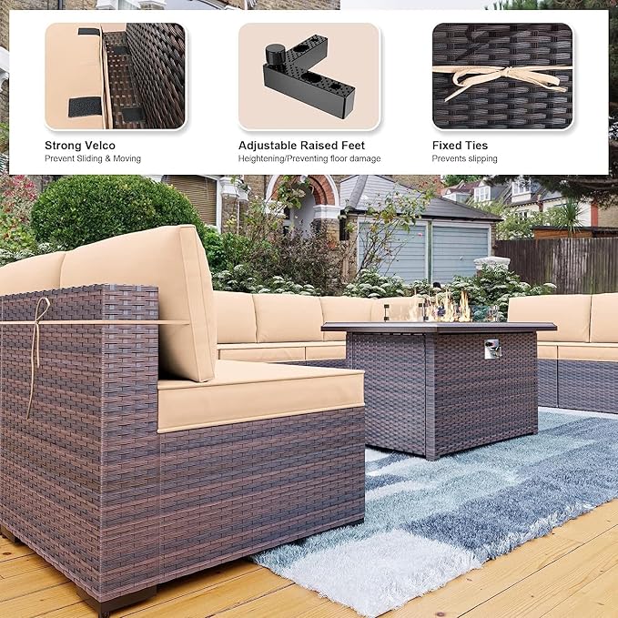 Kullavik 13 Pieces Outdoor Patio Furniture Set with 43" 55000BTU Gas Propane Fire Pit Table PE Wicker Rattan Sectional Sofa Patio Conversation Sets,Khaki