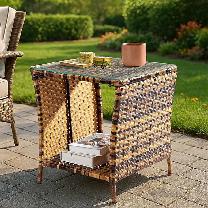 VINGLI Outdoor Wicker Side Table Patio Side Tables for Outside, Tempered Glass Top Wicker Table with Storage End Table for Balcony Porch Deck (Natural)