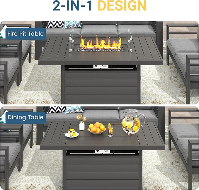Wisteria Lane 7 Seats Aluminum Outdoor Patio Furniture Set with 54 Inch Propane Gas Fire Pit Table, Modern Patio Conversation Sets with Outdoor Sectional Couch for Backyard, Garden, Dark Grey