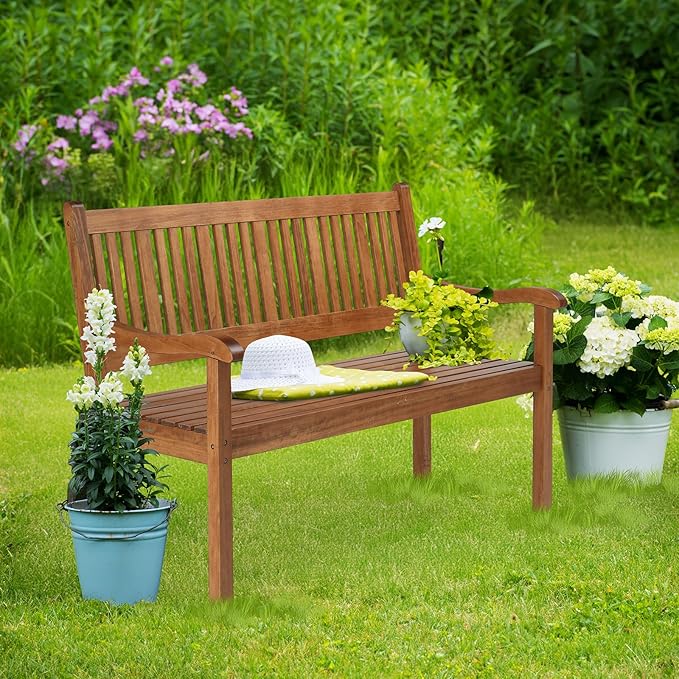 VINGLI 50" Outdoor Wood Bench, Weatehr Resistant Wooden Garden Patio Bench with Comfortable Backrest & Curved Armrest, 800lb Capacity Loveseat for Front Porch Park Yard Deck (Natural, Dense Slatted)