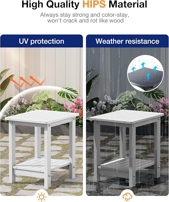 YEFU Outdoor Side Table for Patio: 16" HIPS Weather - Resistant Adirondack Tables Set of 2 - Small Square End Tables for Backyard Pool Porch Balcony - Indoor Outdoor Double Layer Table White
