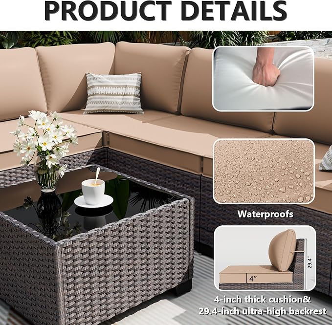 ALAULM 12 Pieces Outdoor Patio Furniture Set Sectional Sofa Sets Brown PE Rattan Patio Conversation Set w/10 Sand Seat Cushions and 2 Coffee Tables