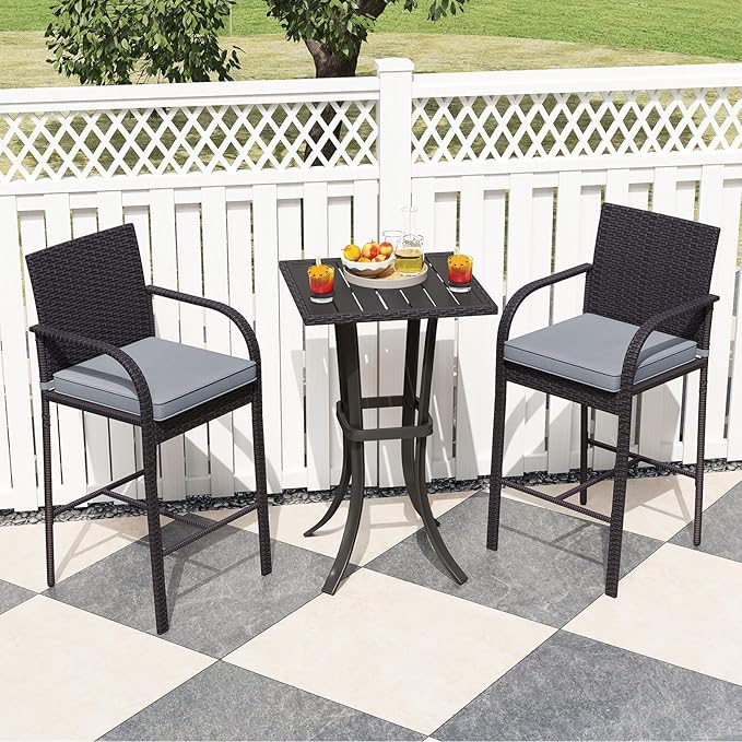 Tangkula 3 Piece Patio Wicker Bar Set, Outdoor Rattan Counter Height Cushioned Chairs & Square Table with Heavy-Duty Metal Frame, for Balcony, Backyard, Poolside