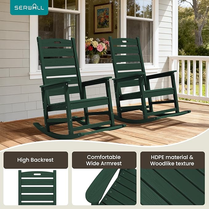 SERWALL Outdoor Rocking Chair, Oversized Rocking Chair with Footrest for Adults, HDPE All Weather Resistant Rocking Chairs for Patio, 350lbs Weight Capacity, Green