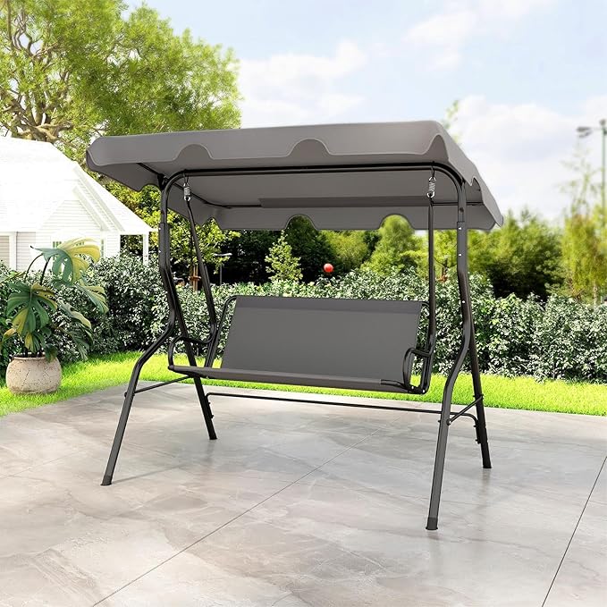 Porch Swing Outdoor, 3 Person Patio Swing w/Removable Cushion, Stand & Adjustable Canopy, Heavy Duty Swing Chair for Patio, Garden, Courtyard, Poolside