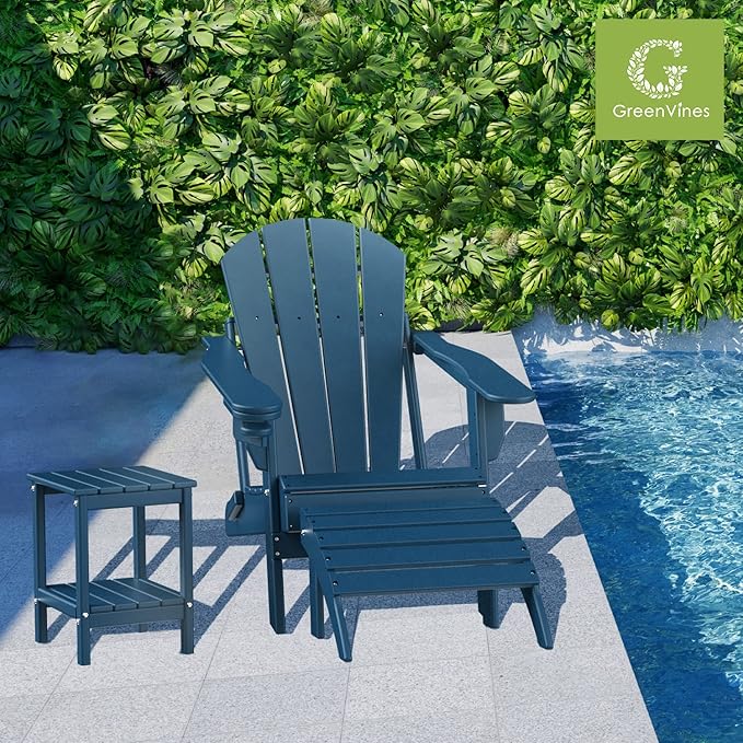 GREENVINES Adirondack-Outdoor-Side-Table | Set of 4 | 14 x 13 Inches | HDPE Plastic | All Weather | Blue | Outside End Tables | Storage Shelf | for Patio Porch Backyard Indoor