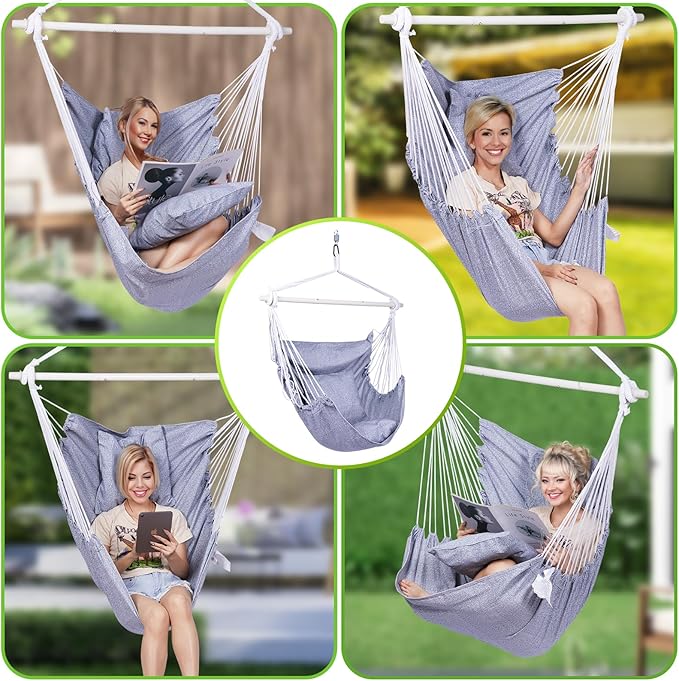 Backyard Expressions Hanging Hammock Chair Swing with Cushions & Hanging Kit – 500 lb Capacity, Cotton Blend Fabric, for Indoor/Outdoor Use – Includes Chain, Hooks & Spring – 5 Colors (Charcoal)