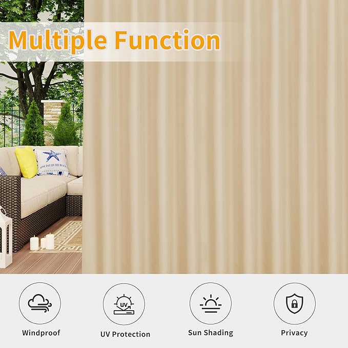 Easy-Going Outdoor Patio Curtains Detachable Tab Top Windproof Weatherproof Curtain for Cabana, Porch, Pergola and Gazebo, Tab Bottom Drape, 2 Panels, 110W x 120L inch, Beige