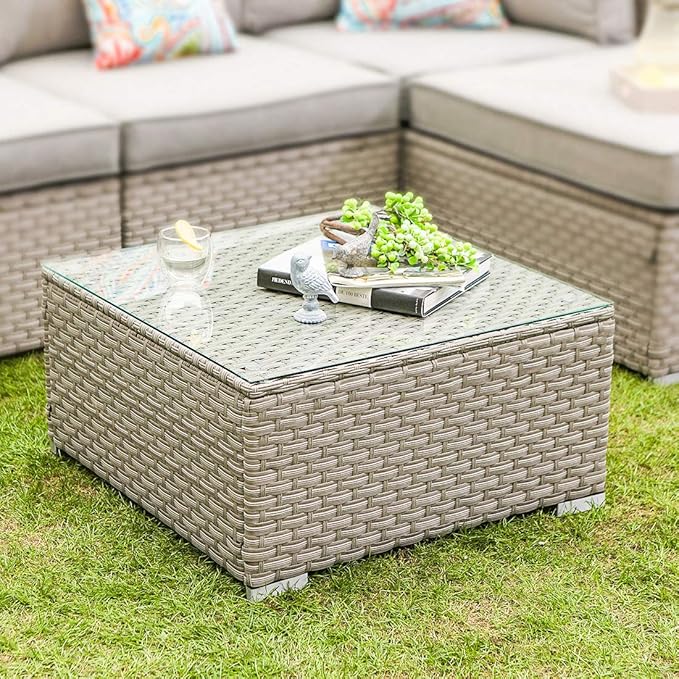 COSIEST Outdoor Furniture Warm Gray Wicker Glass-Top Coffee Table for Expanding Sectional Sofa Set for Garden, Pool, Backyard