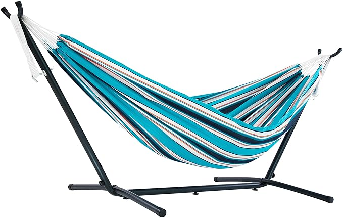 Vivere Double Sunbrella Hammock with Space-Saving Steel Stand, Heavy-Duty Portable Outdoor Hammock Set for Backyard, Patio, or Travel, Token Surfside