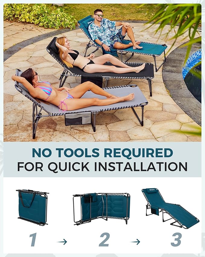 KingCamp Oversized Tanning Chair, Extra-Wide Padded Folding Chase Lounge Chairs Portable Adjustable 5-Position 400lbs Heavy Duty Lounger with Double-Layer Oxford for Outdoor Beach Patio Sun Pool