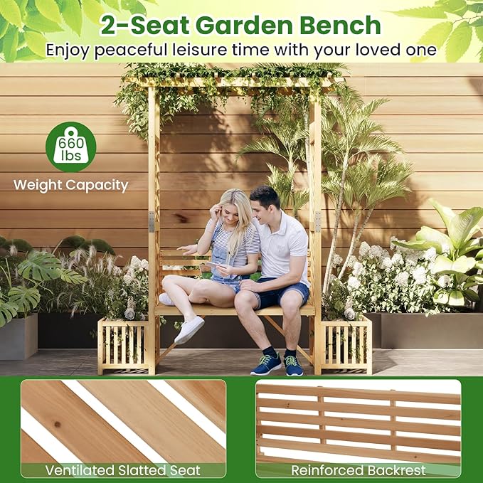 Giantex Outdoor Bench with Garden Arbor & 2 Planter Boxes, Wooden Trellis for Climbing Plants & Vines, Outside Pergola for 2-People Seating, Decoration for Porch, Patio, Yard