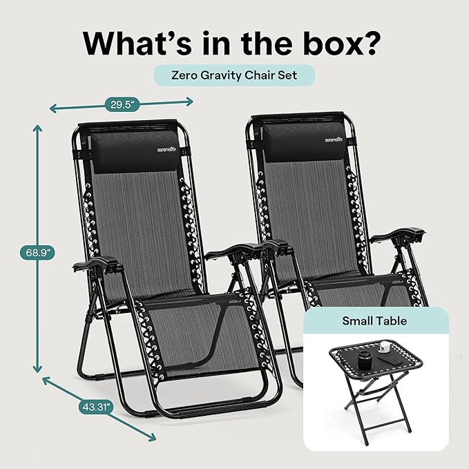 SereneLife Outdoor Zero Gravity Lounge Chair Set with Table – 2 Adjustable Recliners with Cup Holders, Headrest, Steel Frame & Foldable Design for Patio, Pool, Garden, or Camping