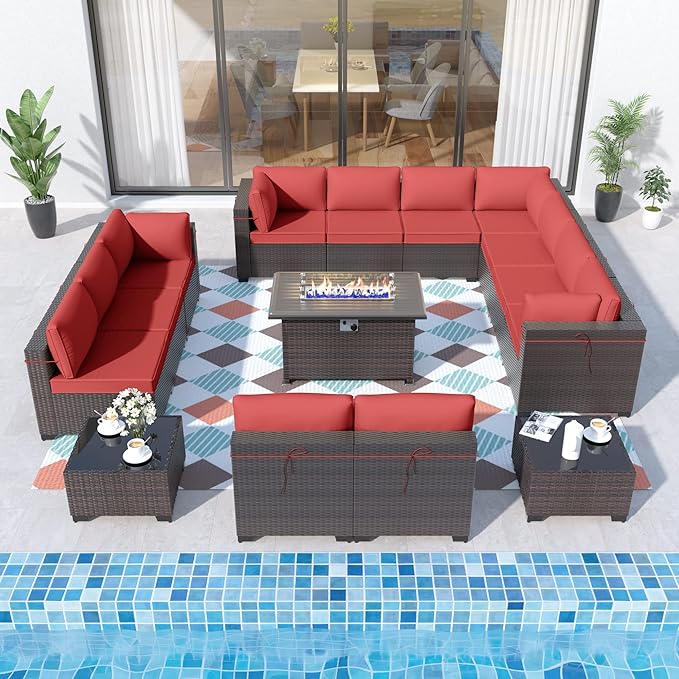 ALAULM Patio Furniture Set with Fire Pit Table 55000 BTU, Outdoor Sectional with Wide Seat and Thick Cushion, 15 Piece Wicker Rattan Conversation Set with Coffee Table for Garden, Deck, Red
