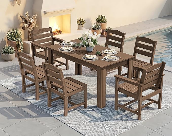 SERWALL Outdoor Dining Sets for 6, HDPE Dining Sets with 1 Umbrella Hole Cut-Out Rectangular Table and 4 Armless Chairs and 2 Armchairs, Patio Dining Sets, Brown