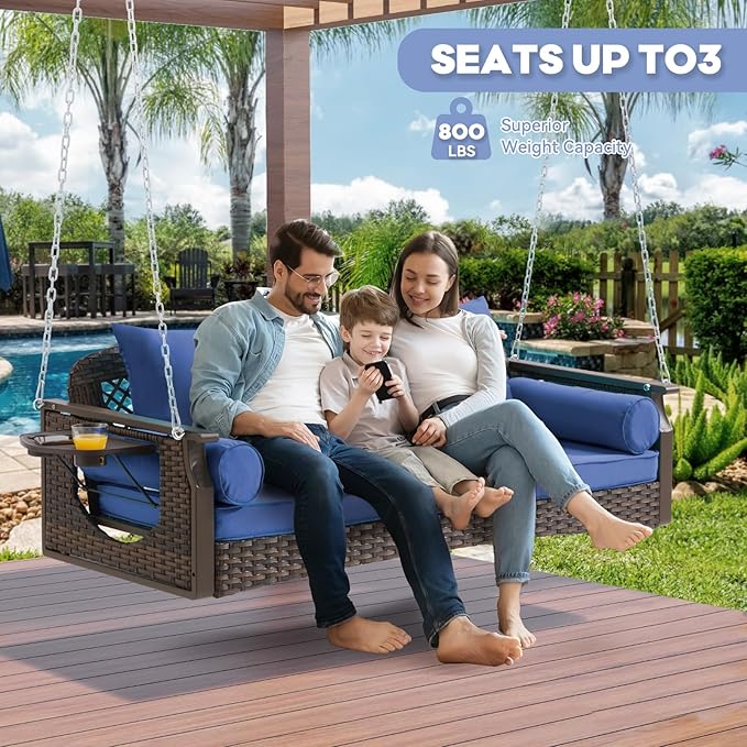 3 Seat Porch Swing, Wicker Patio Swing with Cup Holders & 3 Back Cushions, Yard Swing with Chains for Deck Garden Backyard,Brown Rattan, Blue Cushion, 56-inch