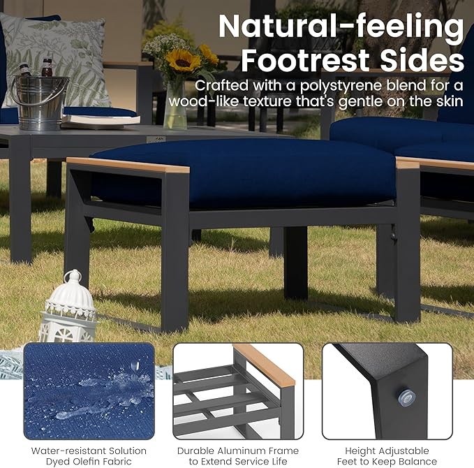 Sundale Outdoor 2 Pieces Aluminum Patio Ottoman, Outdoor Footstool with Sandwich Foam Cushions, Olefin Fabric, Small Metal Outdoor Chairs for Deck, Backyard, Porch (Blue)