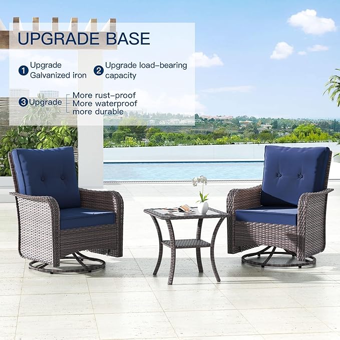Kullavik 10 Pieces Outdoor Patio Furniture Set,PE Wicker Rattan Sectional Sofa Patio Conversation Sets with 43" 55000BTU Gas Propane Fire Pit Table,Swivel Rocking Chairs Set,Navy Blue