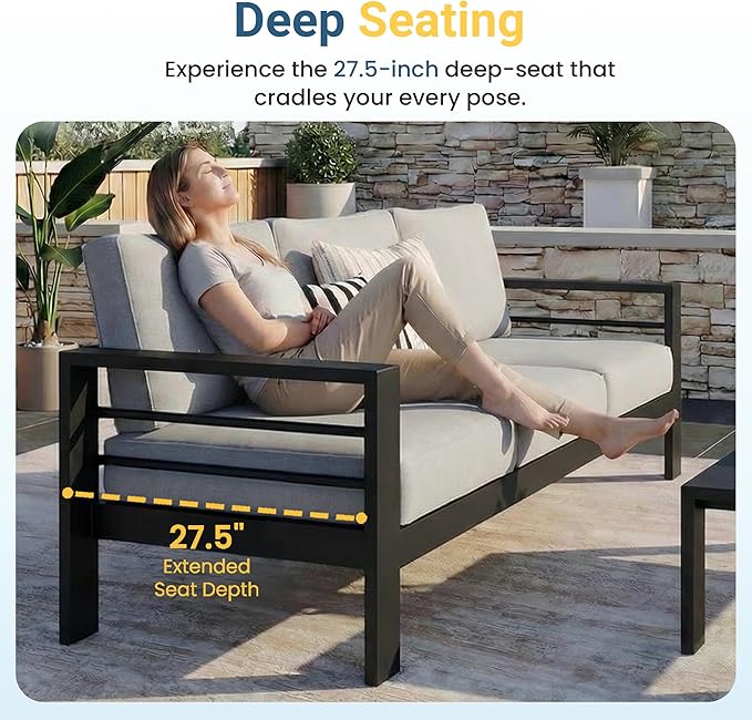 Wisteria Lane Aluminum Patio Furniture Set for All Weather, Oversized Metal Outdoor Furniture Set with 27.5" Deep Seat and 10" Back Cushion, Patio Conversation Sets with Wide armrest, Light Gray