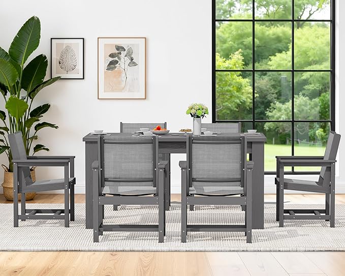 SERWALL 10 Piece Outdoor Dining Table Sets for 8 with 2 Umbrella Hole Cut-Out Rectangular Tables and 8 Textilene Chairs, HDPE Dining Table Sets for Garden, Backyard, Poolside, Gray