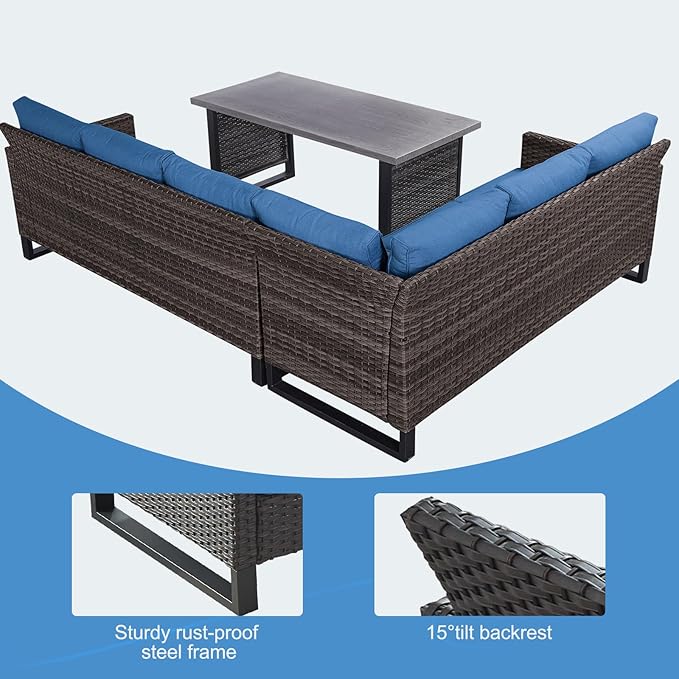 Belord Outdoor Sectional Sofa 6 Seater L Shaped Couch Wicker Patio Conversation Furniture Set Rattan Outdoor Furniture with Removable Washable Cushion, Brown/Blue