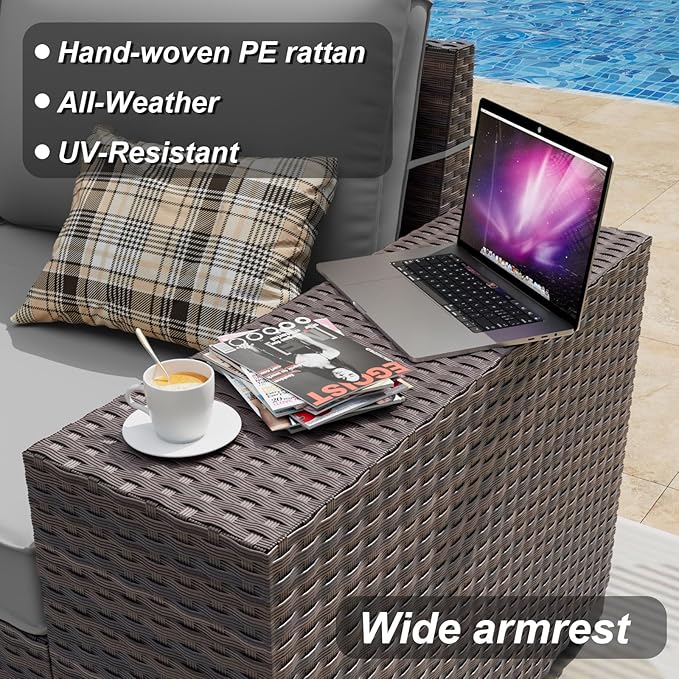 ALAULM 13 Pieces Outdoor Patio Furniture Set with Propane Fire Pit Table Outdoor Sectional Sofa Sets Patio Furniture 43" Gas Fire Pit Brown PE Rattan Patio Conversation Set w/10 Cushions (Grey)