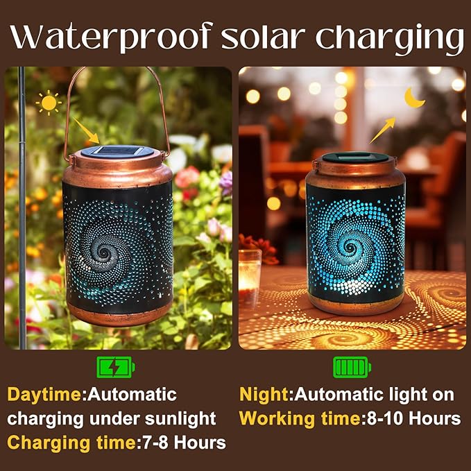 4 Pack Solar Lanterns Outdoor Hanging Metal Waterproof LED Lantern with Solar Powered Garden Patio Decorations Decor Lantern with Handle Christmas Gift Idea