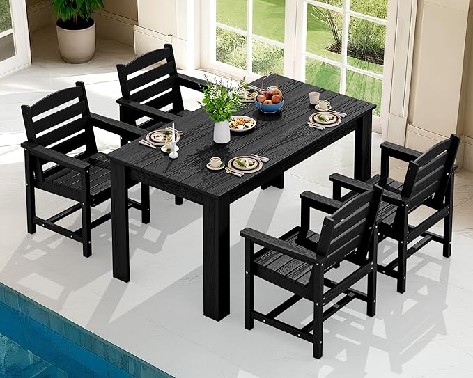SERWALL HDPE Dining Set for 4, Outdoor Dining Sets for 4 Person with 1 Umbrella Hole Cut-Out Rectangular Table and 4 Chairs, Patio Dining Sets Black