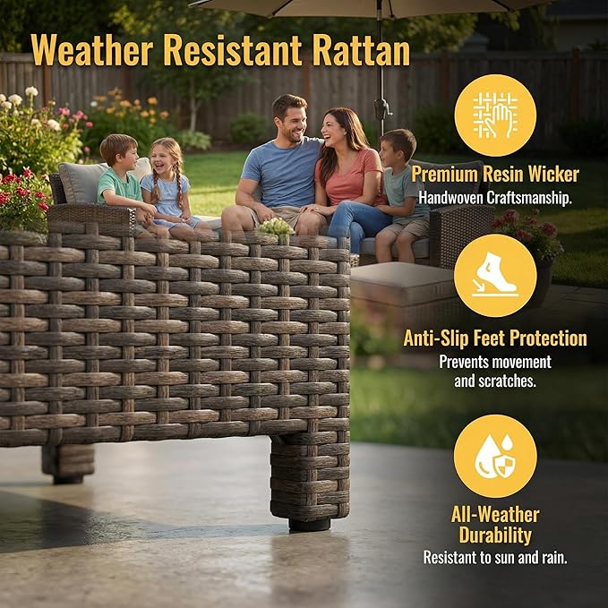 Wisteria Lane 7 Piece Patio Furniture Set, Wicker Patio Sectional with Wide Armrest, All Weather Outdoor Dining Set, Outdoor Furniture Patio Conversation Set with Ottoman, Brown