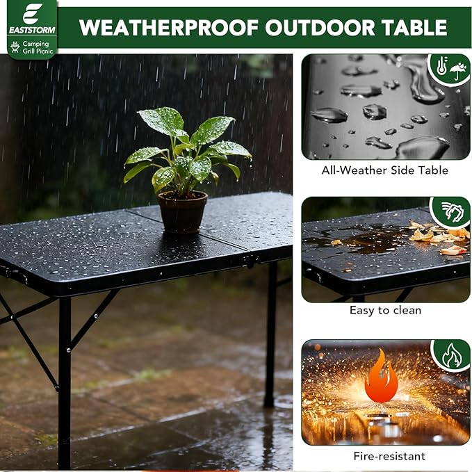 4ft Folding Table with Adjustable Height, Solid Metal Iron Top Portable Camping Table, Compact Grill Table for Outdoor Picnic, Patio, Garden, Party, Market | Great Gift for Campers, Black