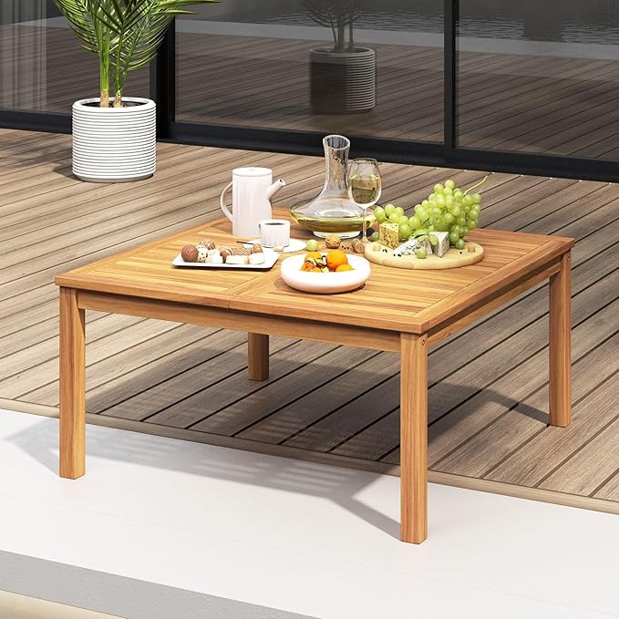 RELAX4LIFE Wood Outdoor Coffee Table - 35.5’’ Square Patio Tables w/Slatted Tabletop & Solid Legs, Patio Dining for Balcony Garden Porch Poolside Deck, Acacia Wooden Outdoor Side Table