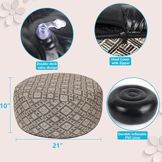 Woven Inflatable Ottoman D21”x H10” Outdoor Indoor Pouf Patio Footrest Stool with Portable Handle, Round Ottoman for Patio Garden, Camping, Bedroom, Living Room
