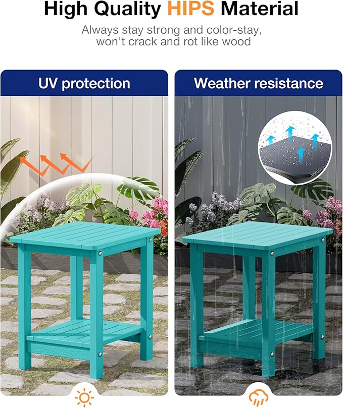 YEFU Outdoor Side Table for Patio: 16" HIPS Weather - Resistant Adirondack Tables - Waterproof Small Square End Tables for Backyard Living Room Bedroom - Indoor Outdoor Double Layer Table Aruba