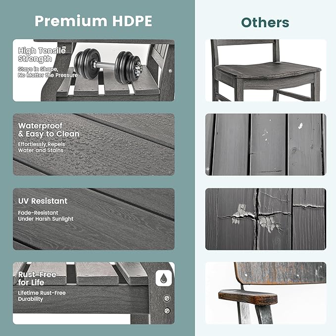 Pamapic 5 PCS Outdoor Dining Set, Spacious HDPE Outdoor Table and Chairs with 2 Bench, Wood Grain Patio Furniture Sets with Elegant Armrest, All-Weather Outdoor Furniture with Umbrella Hole, Gray