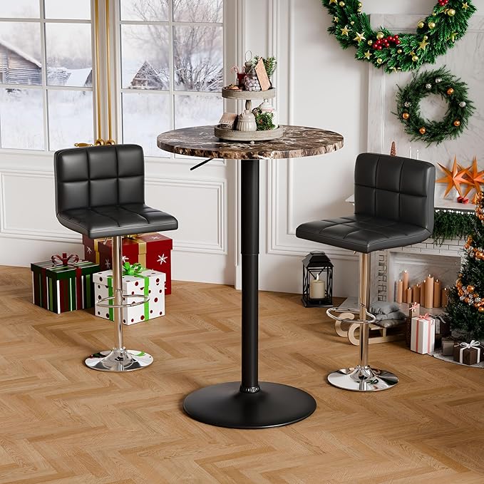 Flamaker Round Bistro Pub Table 23.6 Inch Height Adjustable 360° Swivel Bar Table Metal Base for Pub, Dining Room, Party (2, Marble-Black)