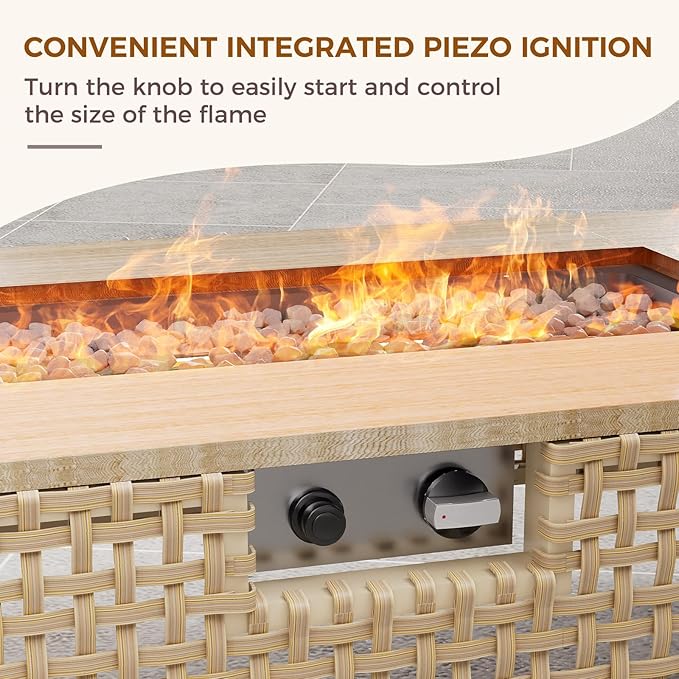Grand patio 10-Piece Patio Furniture Set with 47" Fire Pit Table, Outdoor Conversation Set & 50,000 BTU 47 Inch Rectangle Propane Fire Pit & Storage Box with Water Resistant Thick Cushions, Cream