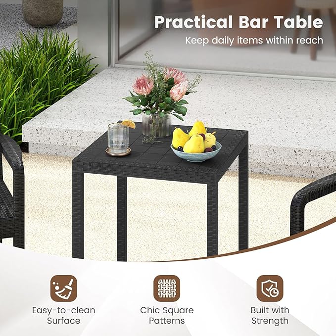 Tangkula 3 Pieces Patio Bar Set, Oudoor Curved Heavy Duty Bar Chairs and Square Table for 2, for Garden, Balcony, Poolside, Black