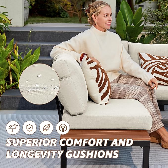 NATURAL EXPRESSIONS Outdoor Furniture Set, L Shape Patio Sectional, Metal Corner Couch Sofa Set with Side Tables, Detachable Backrest, Fauxwood Coffee Table, Beige Olefin Cushions for Garden Deck