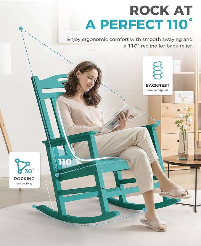 Ciokea Oversized Outdoor Rocking Chairs Set of 3, 380lbs Heavy-Duty Large Patio Rocker, High Back Cozy Porch Chairs, Weather Resistant Patio Rocking Chairs for Outside, Fire Pit, Deck, Aruba Blue