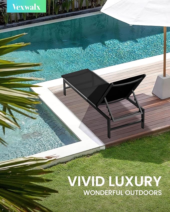 Outdoor Lounge Chairs Set of 2, Aluminum Patio Chaise Lounge Chairs with 5-Position Recliner, Pool Lounge Chairs for Backyard, Poolside, Deck, Lawn (Black)