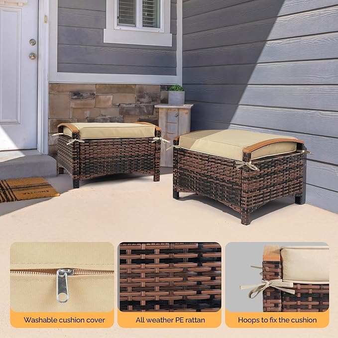 VINGLI Wicker Outdoor Ottoman Set of 2, All Weather PE Rattan Footstool for Patio w/Removable Cushions, Waterproof Rattan Foot Rest for Garden, Balcony, Poolside (Brown)