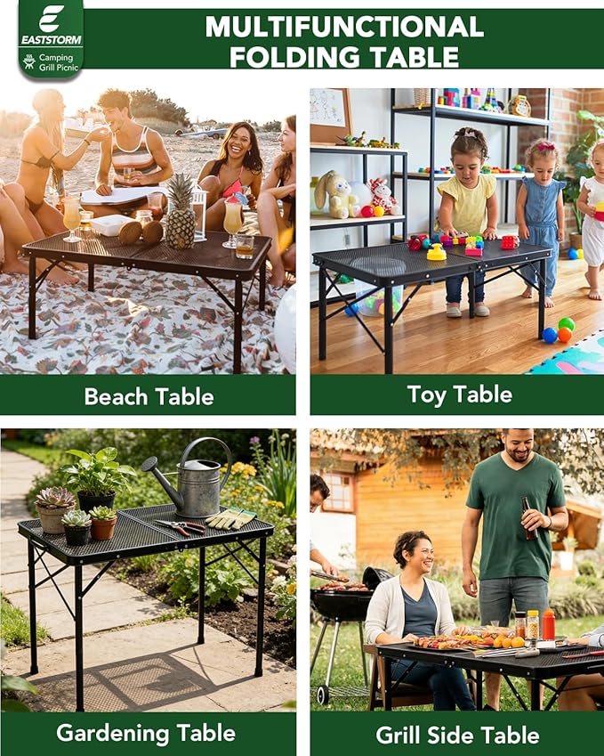 3 ft Folding Table with Adjustable Height (16.5" & 26"), Black Metal Mesh Table with Carry Handle, Portable for Camping, Tailgating, BBQ, Picnic & Indoor, Fits 3–6 People, 7.5 lb, Supports 66 lb