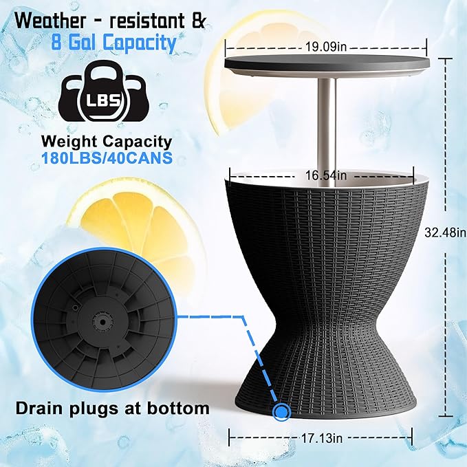EasyUp Outdoor Cooler Bar Table – 8 Gallon Outdoor Patio Cooler Table with Drain Plug, Adjustable Height Rattan-Style Resin Cool Bar for Poolside, Deck, BBQ & Parties (Black)