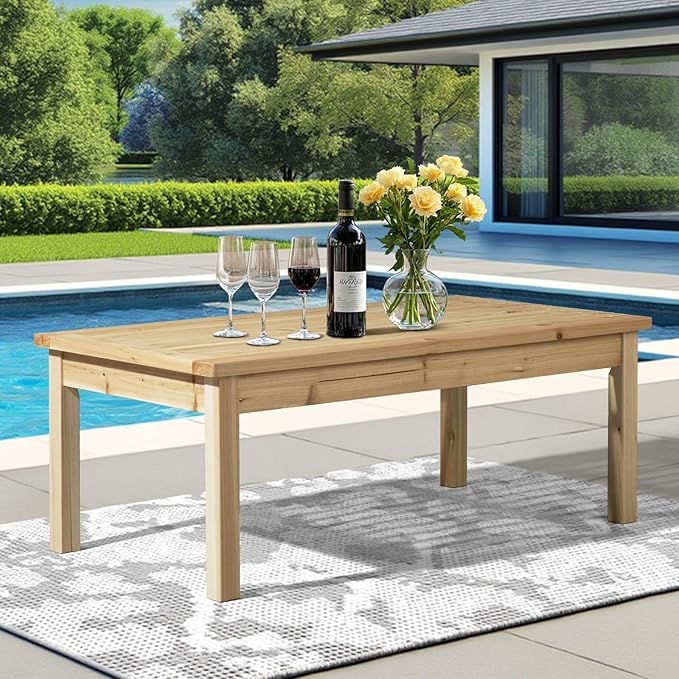 VINGLI Solid Wood Patio Coffee Table, Outdoor Garden Tea Table for Porch Balcony Yard, 44.09" Long Rustic End Table, Weather-Resistant Wooden Console Table