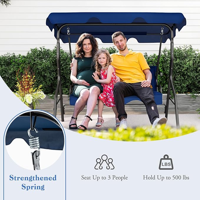 Porch Swing Outdoor, 3 Person Patio Swing w/Removable Cushion, Stand & Adjustable Canopy, Heavy Duty Swing Chair for Patio, Garden, Courtyard, Poolside